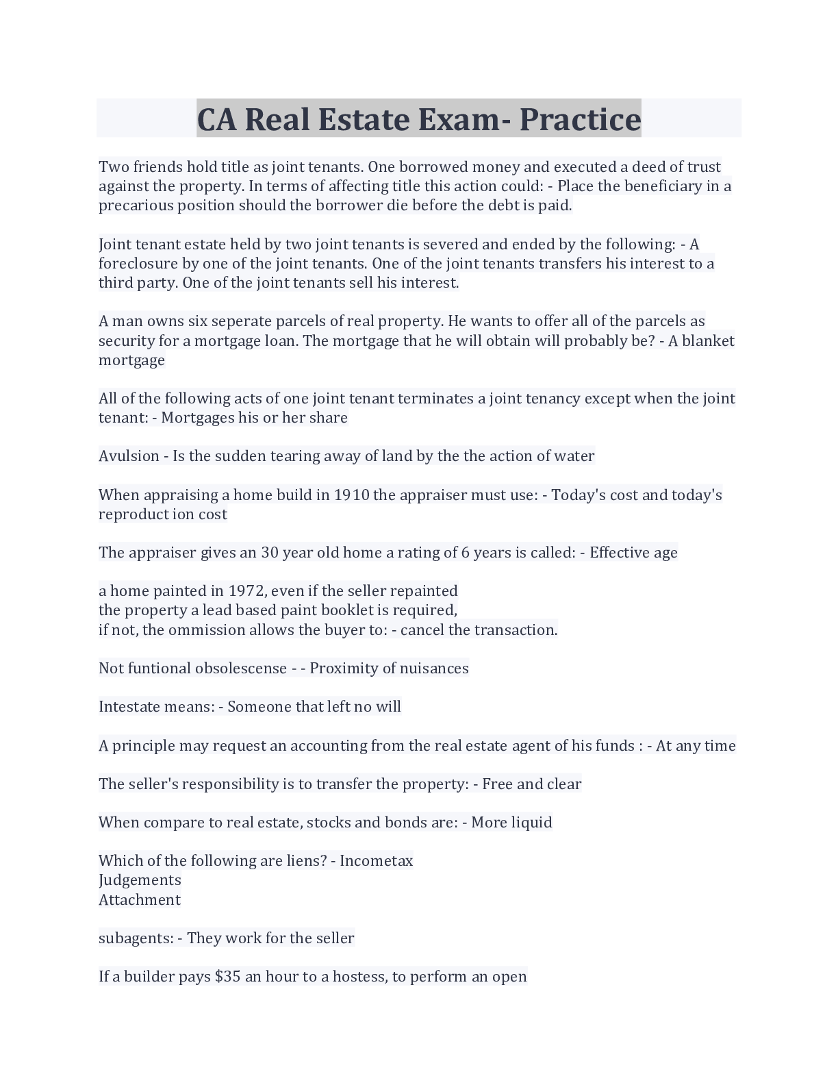 Preview image for CA Real Estate Exam- Practice Questions And Answers